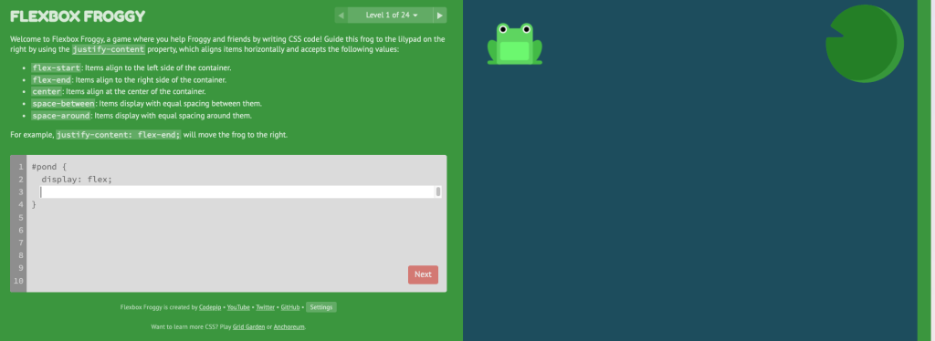 A screenshot of the first level of Flexbox Froggy
