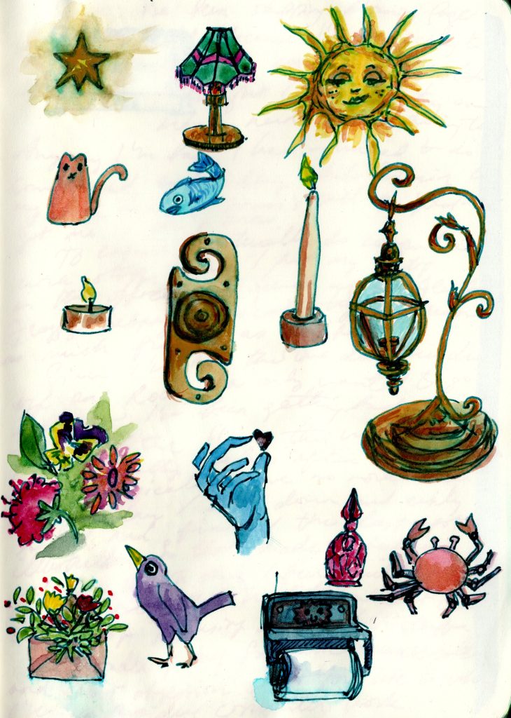 a collection of small paintings of various trinket type objects.